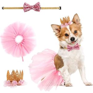 3 Stukken Hond Trouwjurk - Feestjurk voor Puppy's - Honden Tutu Rok - Hond Verjaardagsfeestje Pak - Verstelbaar - Tutu-Rok voor Puppyhond - Schattige Tutu-Jurken voor Huisdieren - met Kroon - Rok - Kraag - Hond Mode Accessoires