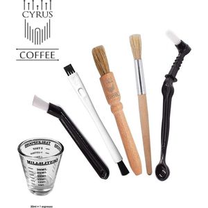 CyrusCoffee 5-delige borstelset nu INCLUSIEF espresso shotglas/maatglas - set van 5 borstels + maatglas voor koffiemachine en bonenmolen - barista tools - barista-accessoires