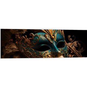 PVC Schuimplaat- Venetiaanse carnavals Masker met Blauwe en Gouden Details tegen Zwarte Achtergrond - 120x40 cm Foto op PVC Schuimplaat