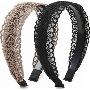 She's Shining 2 stuks elegante kanten hoofdbanden vrouwen meisjes vintage brede bloemen kant hoofdband (zwart, bruin)