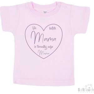 Soft Touch T-shirt Shirtje Korte mouw ""De liefste mama is toevallig mijn mama"" Unisex Katoen Roze/lila Maat 62/68