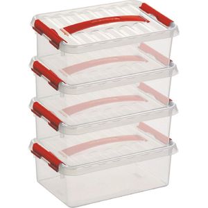 8x Sunware Q-Lineopberg boxen/opbergdozen 4 liter 30 x 20 x 10 cm kunststof - platte/smalle opslagbox - Opbergbak kunststof transparant/rood