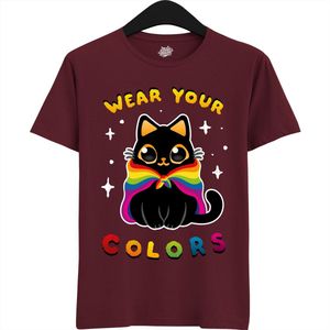 Schattige Pride Vlag Kat - Unisex T-Shirt Mannen en Vrouwen - LGBTQ+ Suporter Kleding - Gay Progress Pride Shirt - Rainbow Community - T-Shirt - Unisex - Burgundy - Maat L