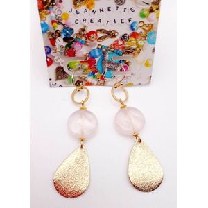Jeannette-Creatief - Natuursteen - Rozenkwarts Gold 2- Oorbellen Rozenkwarts - Limited Edition - Handgemaakte sieraden - Roze oorbellen - Oorbellen Natuursteen - Rozenkwarts Gold - Rozenkwarts oorhangers - Rozenkwarts oorbellen