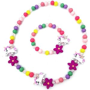 Kinderketting en armband voor meisjes houten kraaltjes multicolor unicorn en bloemen