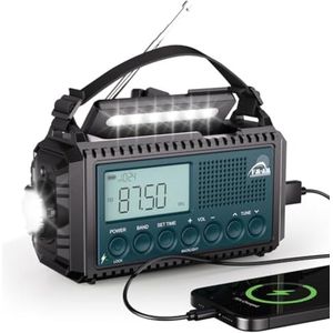 Draagbare Noodradio AM/FM/SW met Oplaadbare Batterij 12.000 mAh, Zaklamp, Leeslicht, SOS Dynamo Alarm, Type C Opladen, Waterdicht voor Kamperen en Wandelen