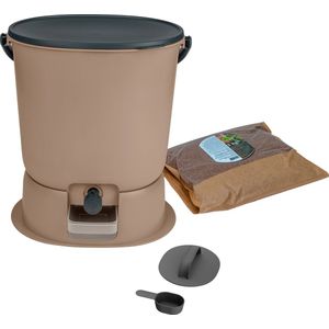 Skaza Bokashi Essential Bio Afvalbak Keuken (15,3 Liter) + Onderstel - Compostbak Keuken en Tuin Gemaakt van Gerecycled Plastic - Starterset + incl. 1 kg Fermentatiestarter - Cappuccino