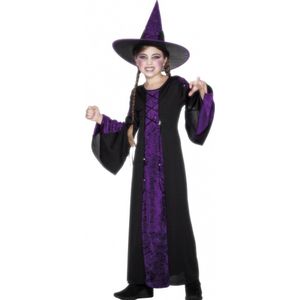 Halloween Heksen kinder kostuum zwart/paars 128-140 (7-9 jaar)