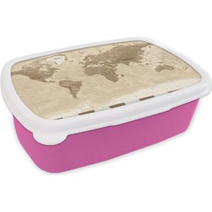 Broodtrommel Roze - Lunchbox - Brooddoos - Wereldkaart - Vintage - Bruin - 18x12x6 cm - Kinderen - Meisje