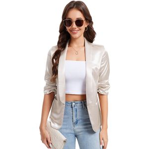 Blazer Dames Elegante Satijnen Blazer Jas Open Voorkant Feestelijke Blazer Jas Gebroken wit S