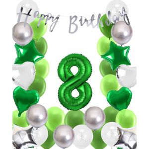 Snoes Ballonnen 8 Jaar Wit Groen Zilver Mega Ballon - Compleet Feestpakket 8 Jaar - Verjaardag Versiering Slinger Happy Birthday – Folieballon – Latex Ballonnen - Helium Ballonnen