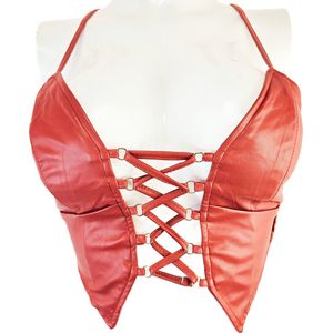 Top - Maat S/M - Nep leer imitatie leder Sexy bh crop top met vetersluiting Rood