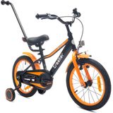 Tracker Bike Kinderfiets voor jongens 16 inch Oranje Neon, leeftijd 4 tot 6 jaar, met zijwieltjes, duwstang, handrem