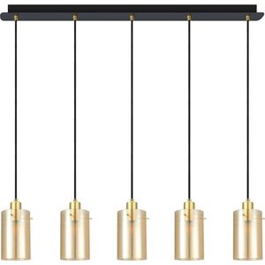 Moderne mat zwarte en zand gouden hanglamp met amberkleurig glas 5-lichts - Seattle