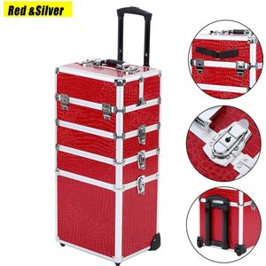 Make Up Koffer - Make up Trolley - 4 in 1 Trolley - Aluminium - 24x36x97 cm - Rood