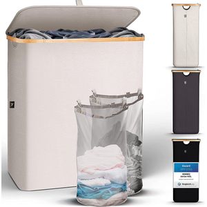 HENNEZ - Wasmand met Deksel - Beige - 140L - Opvouwbaar met Scheiding en Bamboe Frame
