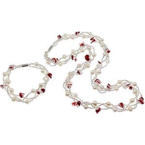 Zoetwaterparel en edelstenen set Twine Pearl Red Agate - parelketting + parel armband - echte parels - magneetslot - agaat - wit - rood