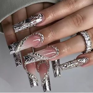 Nep nagels - Plak nagels - 24 stuks - Cofin shape - Beige zilver barok - Kunstnagels - Press on nails - Almond shape nails - Lange nagels - Fake nails