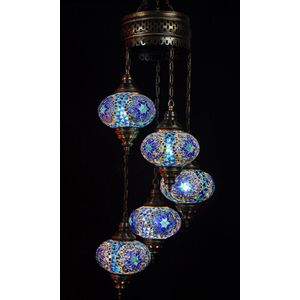 Hanglamp - blauw - 5 bollen - glas - mozaïek - Turkse lamp - oosterse lamp - kroonluchter.