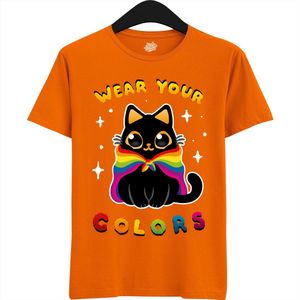 Schattige Pride Vlag Kat - Unisex T-Shirt Mannen en Vrouwen - LGBTQ+ Suporter Kleding - Gay Progress Pride Shirt - Rainbow Community - T-Shirt - Unisex - Oranje - Maat M
