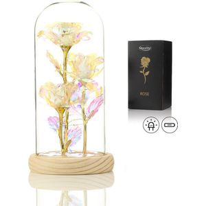 Luxe Roos in Glas met LED – Gouden Roos in Glazen Stolp – Moederdag - Cadeau voor vriendin moeder haar - Galaxy Rose 3x met Blaadjes - Lichte Voet – Qwality