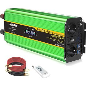 Omvormer 4000W/8000W 24V naar 230V - Zuivere Sinus, 2 Stopcontacten, 4 USB, LCD, Afstandsbediening