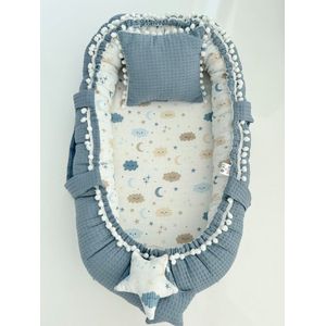 Jaju Baby - Babynestje en Hoofdkussen - Organische Katoen - Antibacterieel Babynestje - Anti-Allergisch Babynestje - Spijkerbroek Blauw - 74 x 40 cm