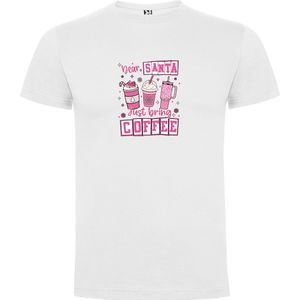 Wit T-Shirt met “Dear Santa Just Bring Coffee - Kerst“ Print Full Color Maat S