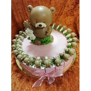 traktatie taart 24 doosjes roze met beertjes en spaarpot voor geboortefeest of babyshower uitdeel bedankje