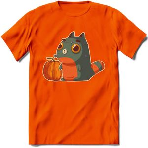 Frankenstein kat T-Shirt Grappig | Dieren katten halloween Kleding Kado Heren / Dames | Animal Skateboard Cadeau shirt - Oranje - 3XL