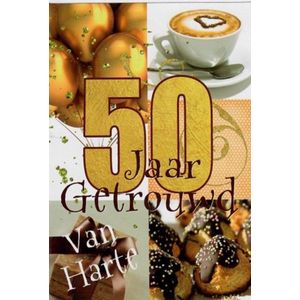 50 jaar getrouwd! Gefeliciteerd! Een bijzondere kaart met ballonnen, een cadeautje en een kop koffie. Een leuke kaart om zo te geven of om bij een cadeau te voegen. Een dubbele wenskaart inclusief envelop en in folie verpakt.