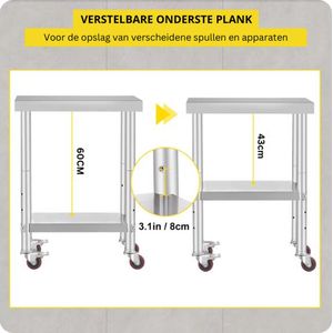 OptiGoodz® - Roestvrij stalen Tafel - [Klein] - Keuken Trolley - Trolley - Werktafel - Keukenkast