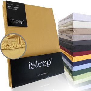 iSleep Perkal Hoeslaken - 100% Perkal Katoen - Hoge Hoek - Rondom Elastiek - Eenpersoons - 80x200 cm - Okergeel