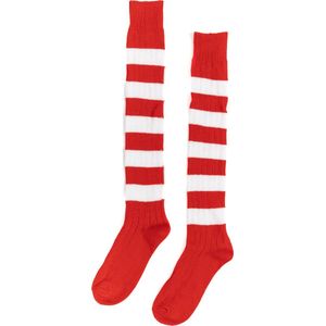 KIMU Gebreide Lange Sokken Rood Wit Gestreept - 39-46 - Gebreid Carnaval Limburg Dikke Strepen Sinterklaas Kado