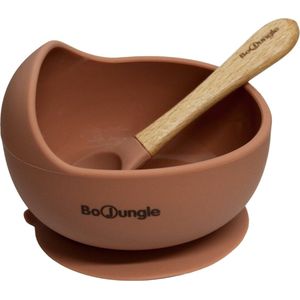 Bo Jungle -Sicilone kinderservies - Kommentje met zuignap - Houten lepel met silicone tip - Suction Bowl Terracotta