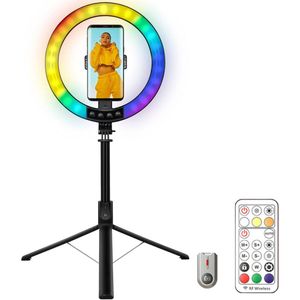 LED Ring Light 10 inch - Ringlamp met Verstelbaar Statief (31 tot 190cm) - Selfiestick Universeel - 48 RGB Modi - Bluetooth - LED Verlichting - Incl. Afstandsbediening - Selfie Ringlight Geschikt voor Tiktok/Instagram/Youtube/Streaming/Thuis Werken
