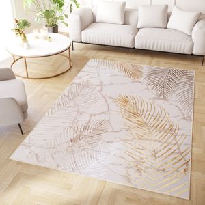 Tapiso Crystal Vloerkleed Beige Goud Crème Bladeren Modern Tapijt Maat- 180x250