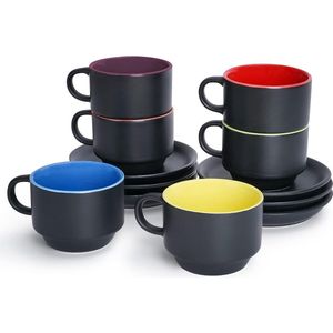 6 x 75 ml aardewerk espresso mok/mokken set zwarte buitenkant kleurrijke binnenkant (Kleurrijk)