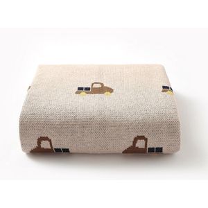 Pretty Panda - wiegdekentke Vrachtwagens camel - superzacht bio katoen met OEKO TEX label - ideaal kraamcadeau - leuk voor baby en kleuter