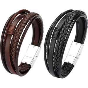 2 Stuks Gepersonaliseerde Heren kunstleren Armband - Handgemaakte Gevlochten Zwarte Multilaag Armband