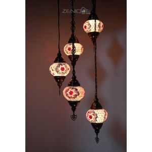 Turkse Lamp - Hanglamp - Mozaïek Lamp - Marokkaanse Lamp - Oosters Lamp - ZENIQUE - Authentiek - Handgemaakt - Kroonluchter - Roze - 5 bollen