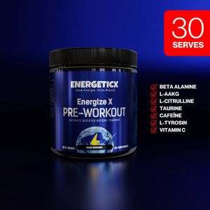Energize X - Pre Workout - Energy Drink Red Bull-achtig - Beta-Alanine, L-Arginine AKG 2:1, L-Citrulline DL Malaat 2:1, Taurine & Cafeïne - Verrijkt met Magnesium, Vitamine C & D3 - Pre Workout Energy Supplement - 300g