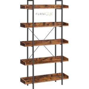FURNIBELLA - boekenkast, 5-vaks staande plank, opslag plank, industrieel ontwerp, eenvoudige montage, voor woonkamer, slaapkamer, kantoor, vintage bruin-zwart...