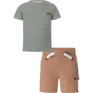 Koko Noko - Kledingset - Jongens - Short Jogging Camel - Shirt Dusty Green - Maat 92