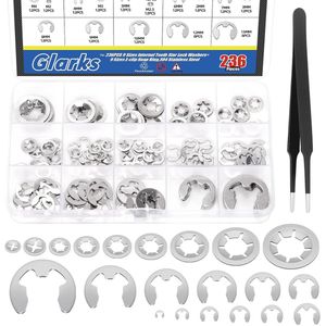 237 Pcs 304 Stainless Steel Internal Teeth - Star Lock Washers - E-clip Holder Rings - Set Includes 100pcs 9 Sizes Push Button Locking Discs - 136pcs 12 Sizes E-Ring Circlip Rings