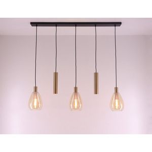 Hanglamp Dorato Zwart Goud & Glas Amber + Koker 5 Lichts L 120cm