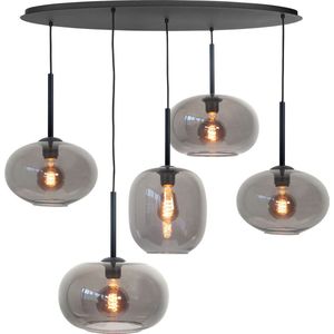 Zwarte ovale eettafellamp | 5 lichts | smoke / zwart | niet spiegelend | glas / metaal | in hoogte verstelbaar tot 160 cm | 100 cm breed | eetkamer / eettafel lamp | modern / sfeervol design