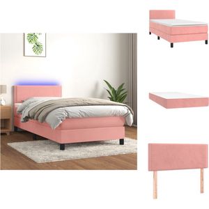 vidaXL Boxspring Bed - Roze fluweel - 203 x 90 x 78/88 cm - Verstelbaar hoofdbord - Pocketvering matras - Huidvriendelijk topmatras - Kleurrijke LED-verlichting - Bed
