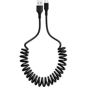 VCTparts Oplaadkabel Auto Rekbare USB 3.0 naar USB-C Krulsnoer Veer 1.5 Meter Zwart
