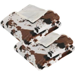 Fleece deken/fleeceplaid wit/bruin koeienprint 130 x 160 cm polyester - 2x - Bankdeken - Fleece deken - Fleece plaid